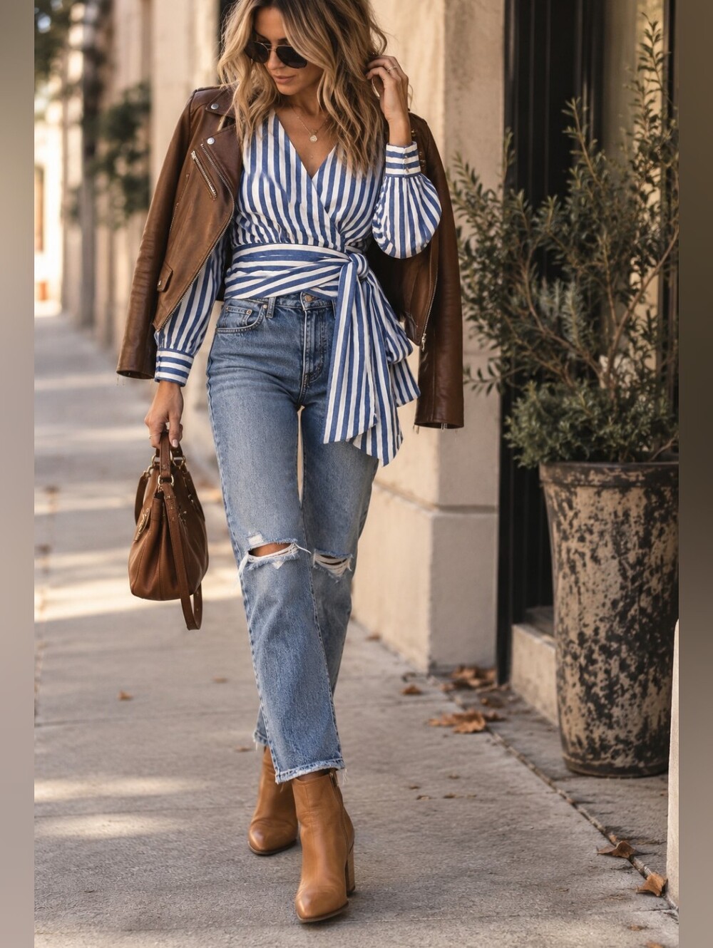 Blue White Striped Cotton Wrap Blouse Tie Waist Puff Sleeve M